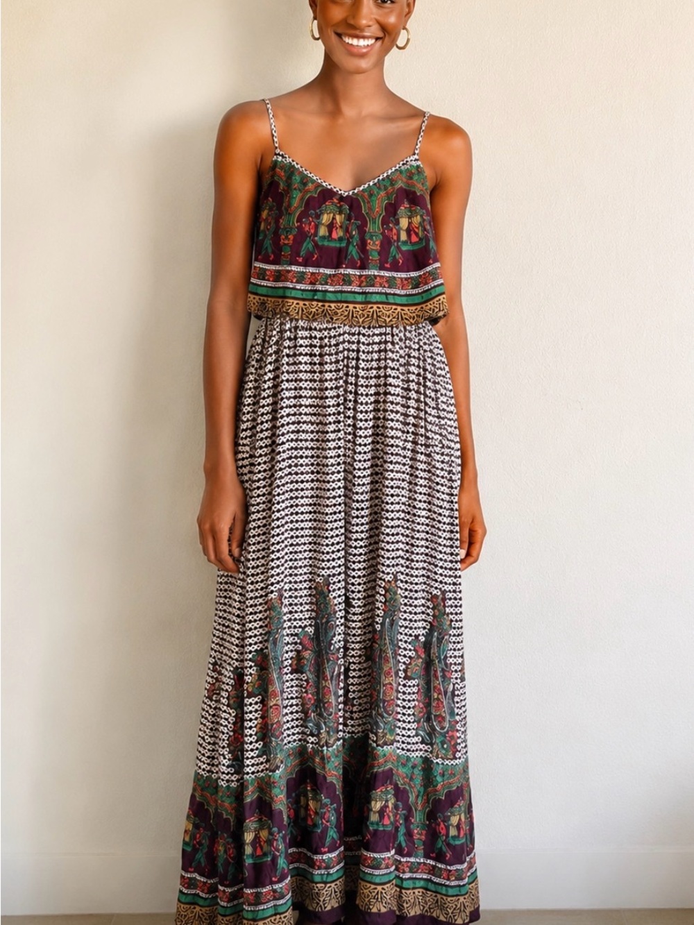 Anthropologie RAGA Boho Printed Maxi Dress Tieredโ Sleeveless Dress Small (E1)